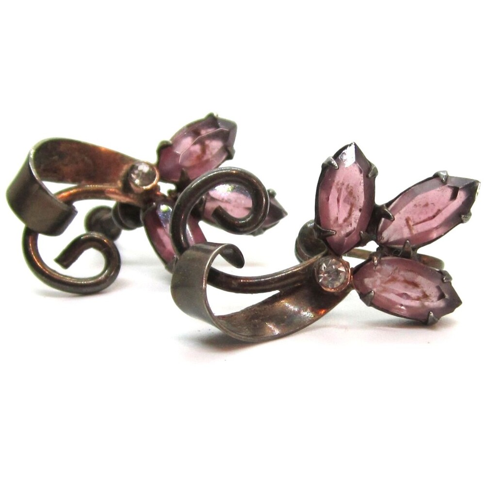 Vintage Sterling Silver Purple Flower Rhinestone Gold Vermeil Screwback Earrings
